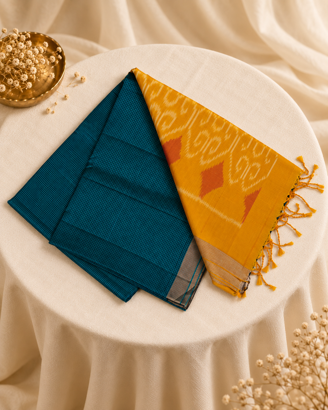 Neelamayura - Checks in teal, a pallu of gold.