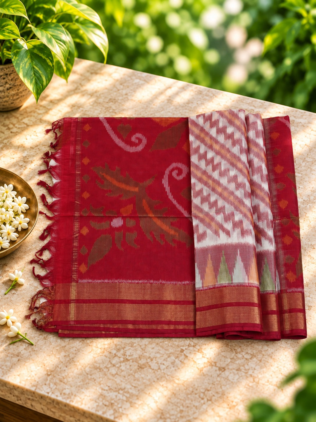 Ember Symphony - A vibrant harmony of red, ivory and ember tones, woven to celebrate every occasion.