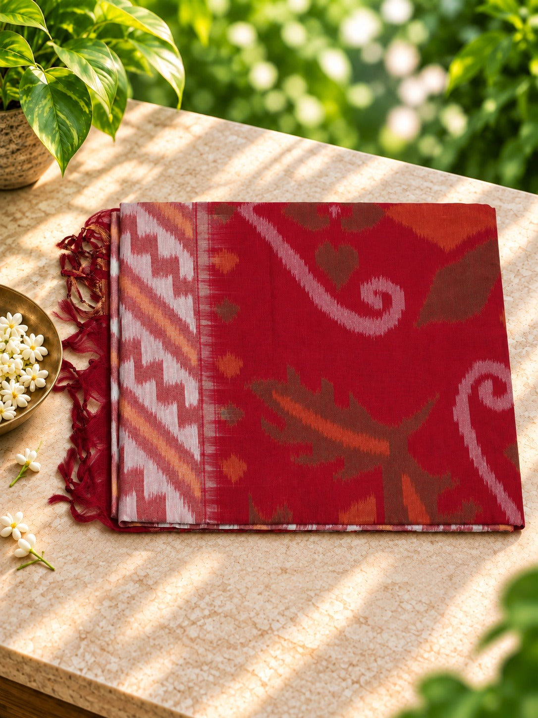 Ember Symphony - A vibrant harmony of red, ivory and ember tones, woven to celebrate every occasion.