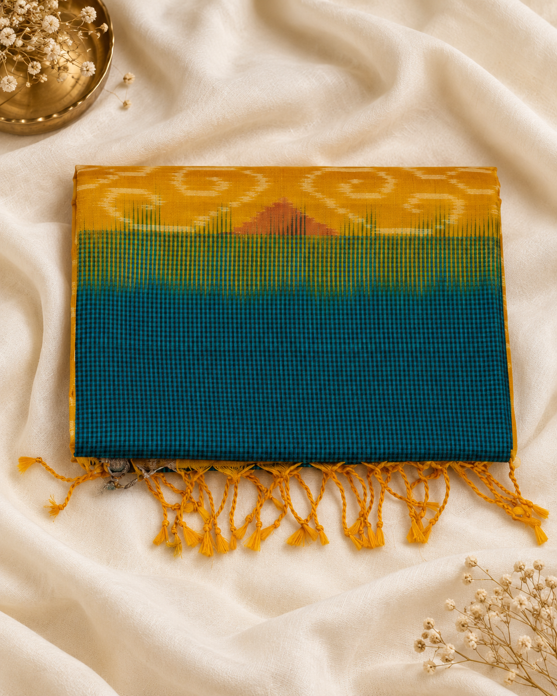 Neelamayura - Checks in teal, a pallu of gold.