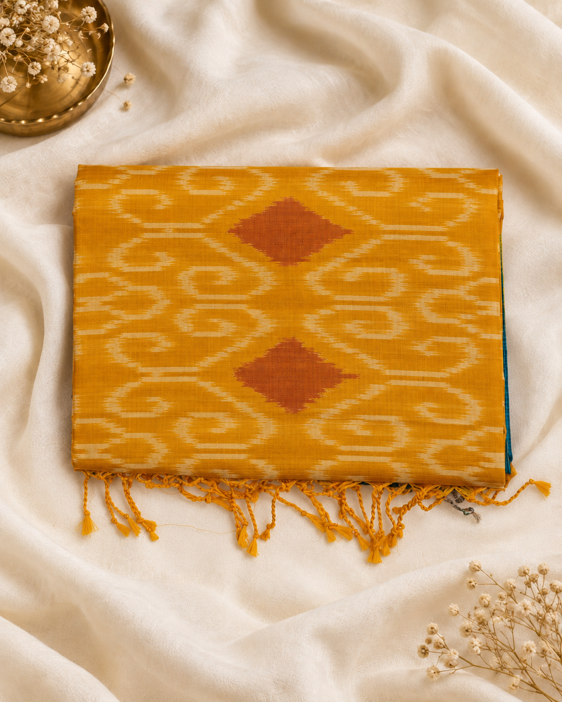 Neelamayura - Checks in teal, a pallu of gold.