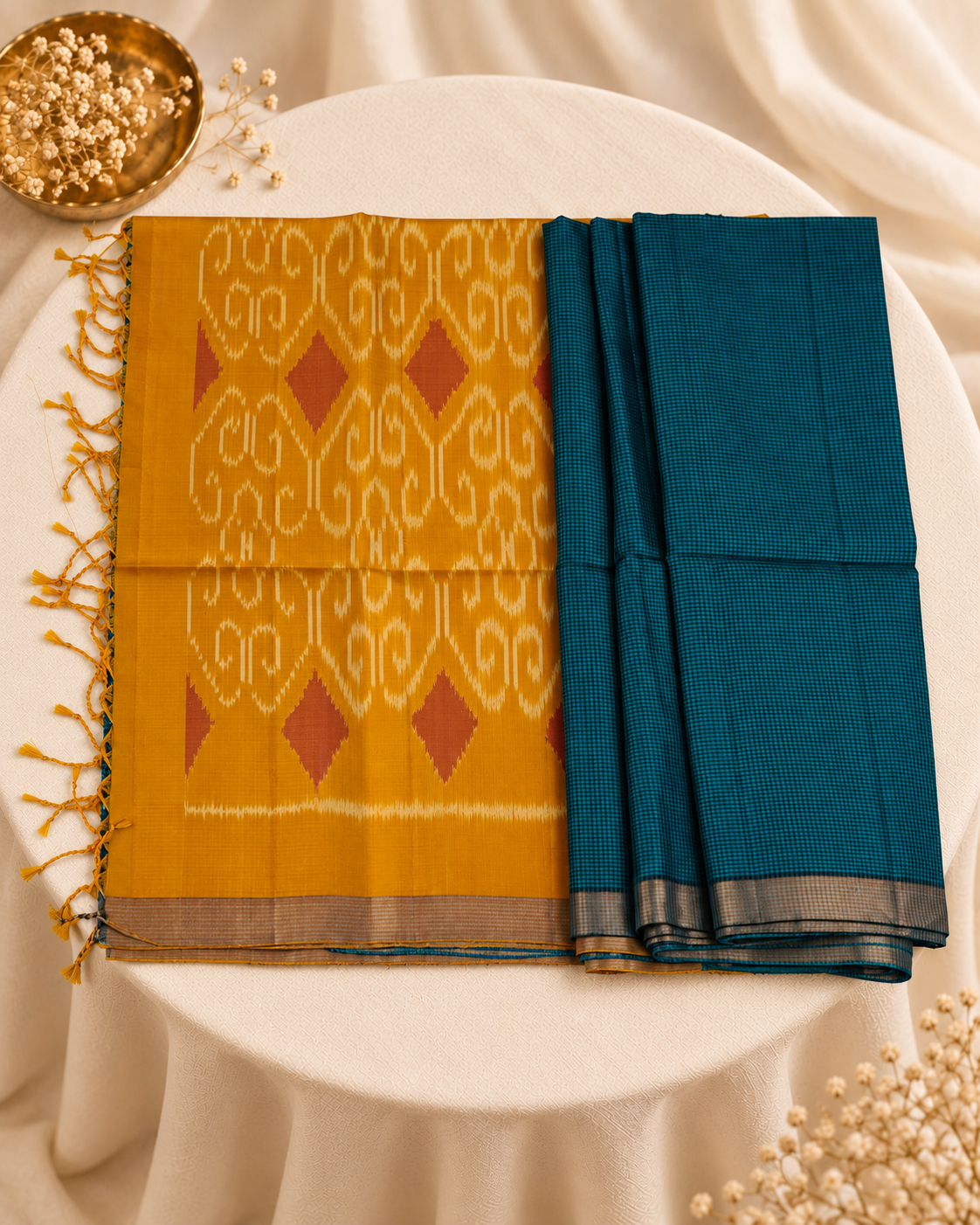 Neelamayura - Checks in teal, a pallu of gold.