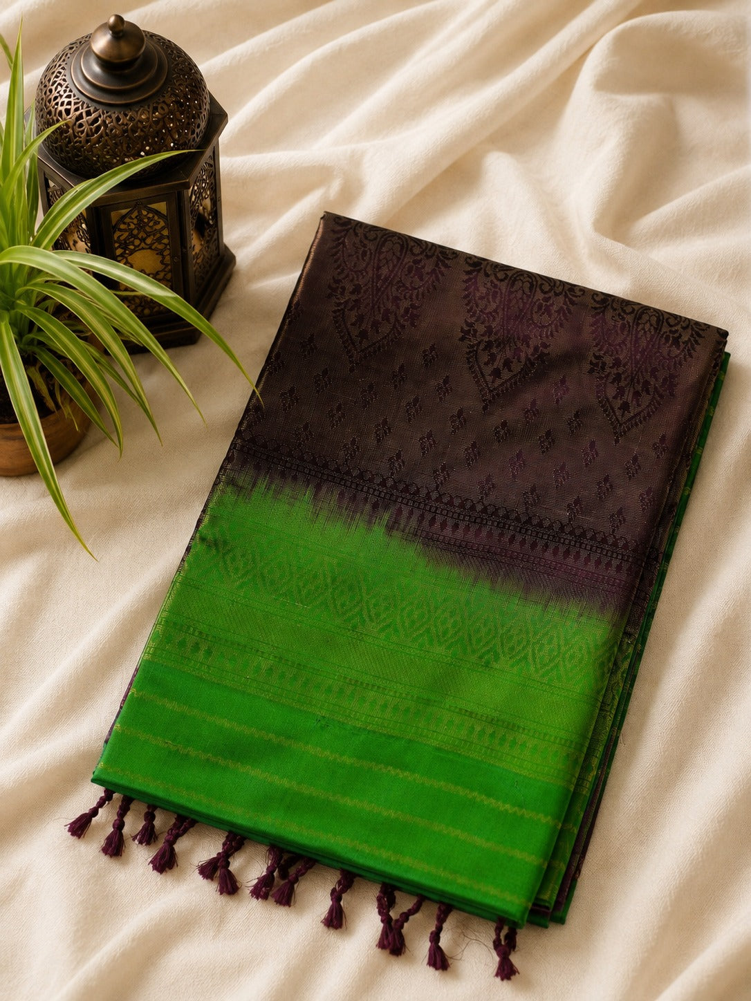 Harita Vastra - Green silk, espresso warmth.